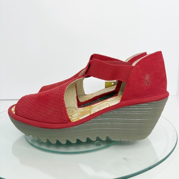 Fly London Sandal Platform Wedge Open Toe Red Women's 7/38 Perforated Leather - Picture 3 of 10